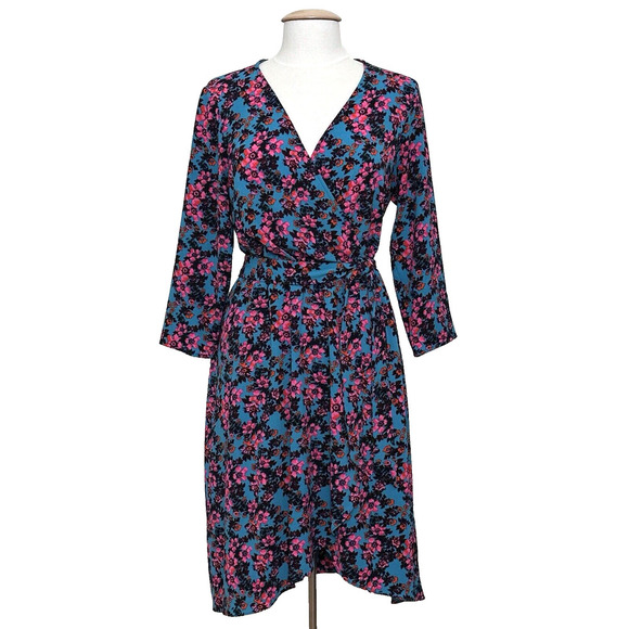 Cheztu Womens‎ Dress 12 Turquoise Blue Pink Floral Faux Wrap Ruffle Cottagecore - Picture 1 of 16